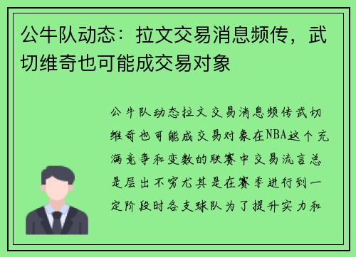 公牛队动态：拉文交易消息频传，武切维奇也可能成交易对象